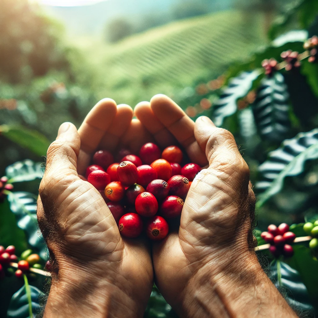 dall·e 2025 02 14 10.00.43 a pair of hands gently holding ripe red coffee cherries, with a blurred background of a coffee plantation. the hands appear clean and slightly weather